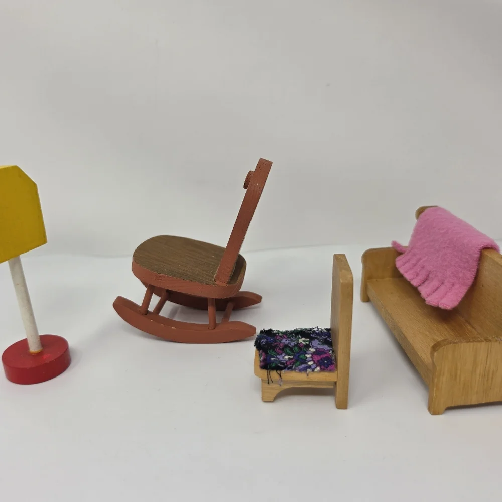 Wooden Doll Furniture with Pink Prrend Play Blanket
